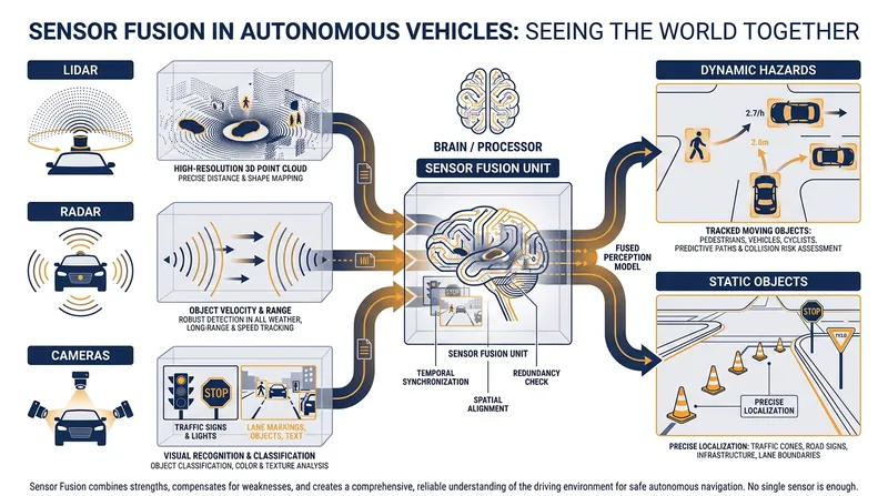 Sensor fusion combines data from multiple inputs to build a 3D map, but algorithms must correctly prioritize which hazards to avoid.