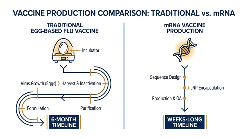 Unlike traditional vaccines, mRNA technology bypasses egg-based manufacturing, eliminating the risk of adaptation mutations.
