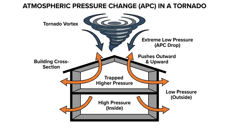 Atmospheric Pressure Change (APC) creates a vacuum effect, causing the higher-pressure air inside a building to push violently outward and upward.