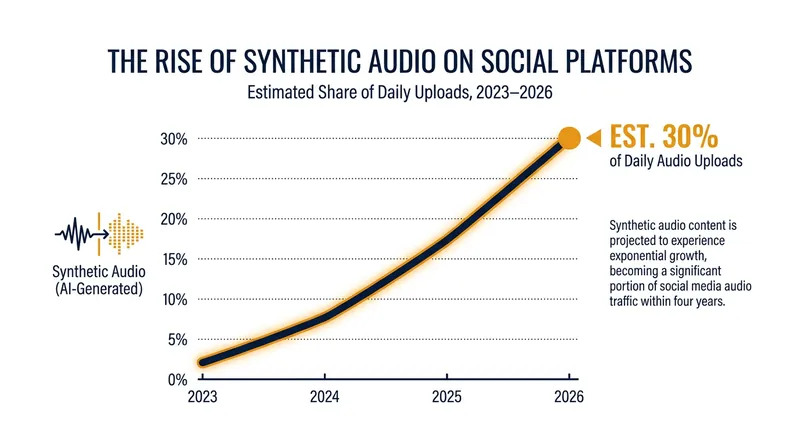 Industry estimates suggest nearly a third of new audio uploads contain synthetic elements.