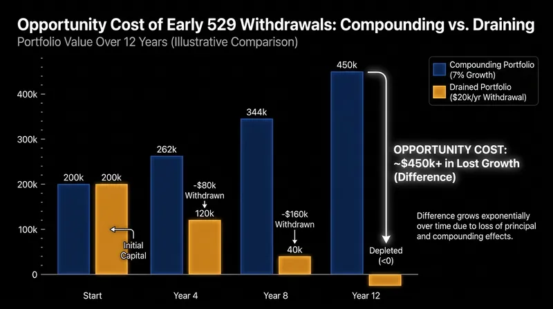 Drawing down funds for K-12 expenses can severely limit the geometric growth curve of a 529 account over an 18-year horizon.