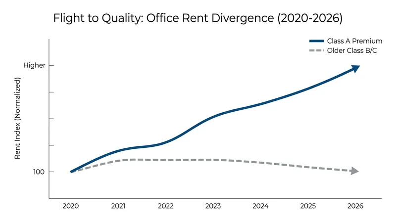 The real estate crisis is bifurcated: premium, amenity-rich buildings are holding value while older properties face steep declines.