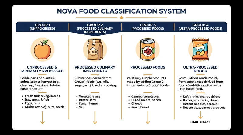 The NOVA classification system groups foods into four categories based on the extent of their industrial processing.