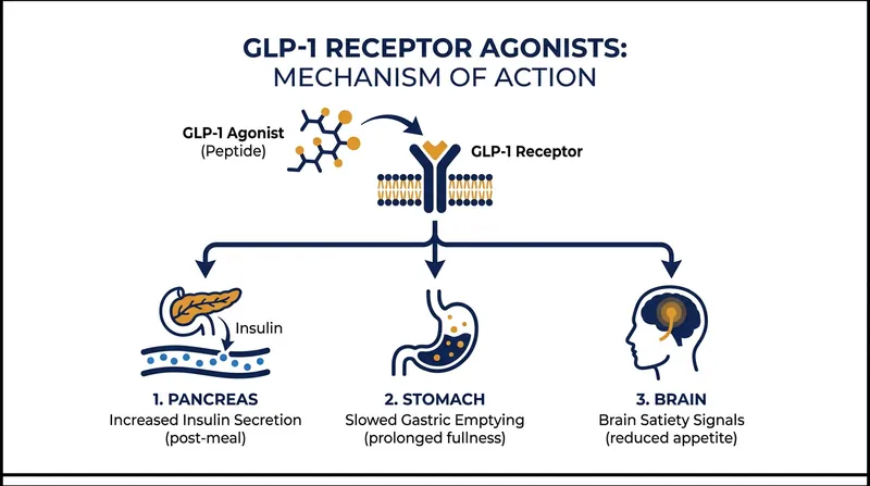 How GLP-1 receptor agonists like semaglutide regulate metabolic function in the human body.