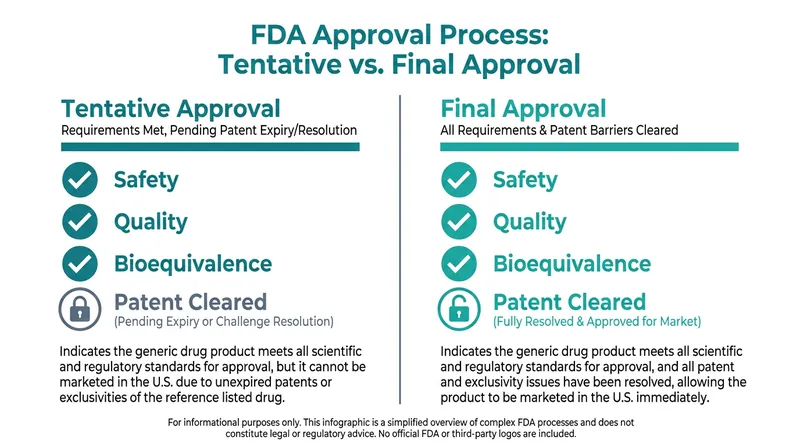 A tentative approval confirms a generic drug is scientifically sound, but delays its launch until legal patent barriers expire.