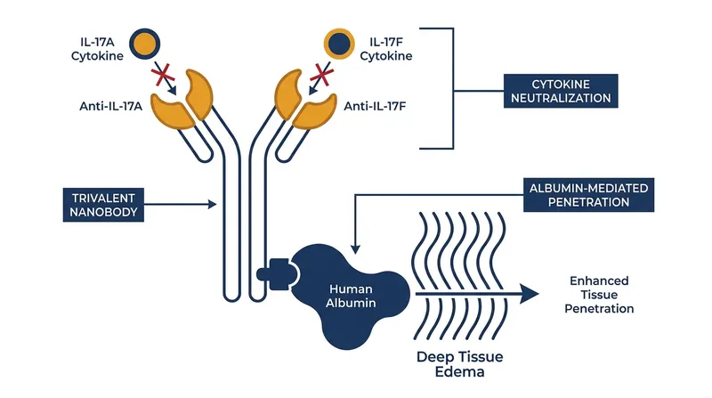 Sonelokimab's unique three-part structure allows it to neutralize specific inflammatory proteins while using the body's own swelling response to penetrate deep into lesions.