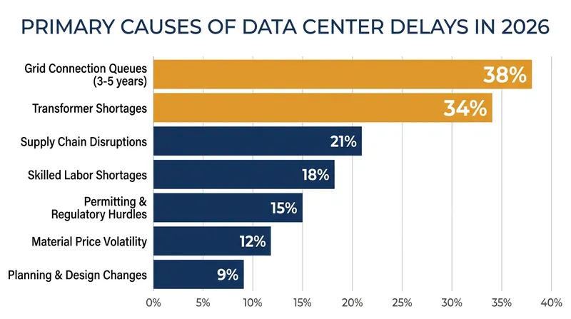 Grid connection delays and equipment shortages have stalled up to 50% of planned data center capacity in 2026.