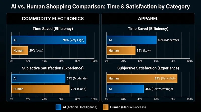 While AI agents save immense time on technical purchases, human browsing still yields higher satisfaction for subjective goods.