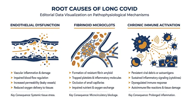 The three primary biological mechanisms driving Long COVID symptoms.