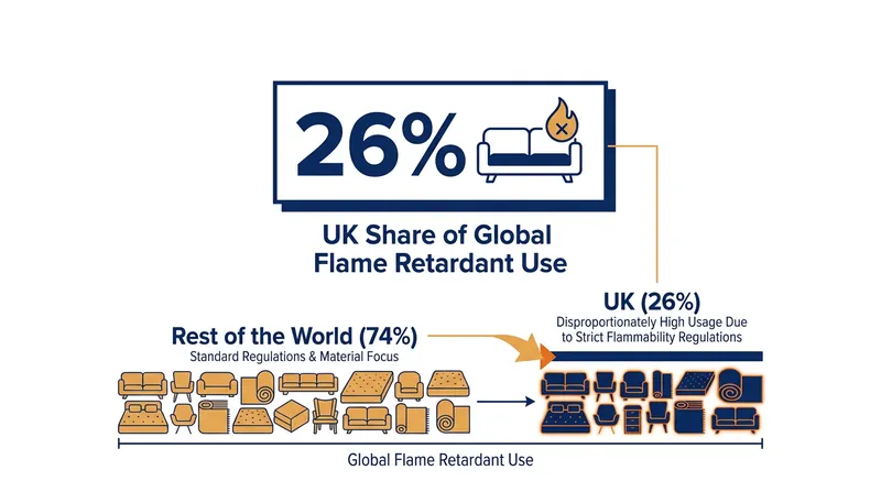 Due to the 1988 open-flame regulations, the UK accounts for over a quarter of global chemical flame retardant use.