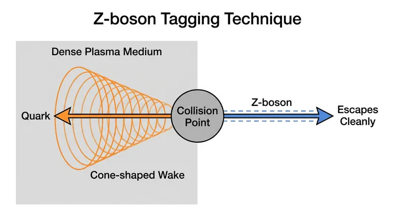 Because the Z boson does not interact with the strong force, it provides a clean reference point to isolate the quark's wake.