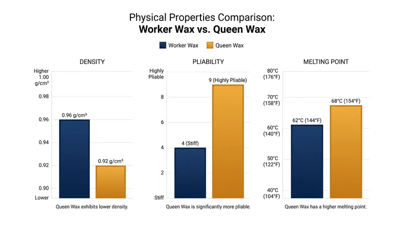Queen cell wax exhibits distinct physical properties compared to standard honeycomb wax.