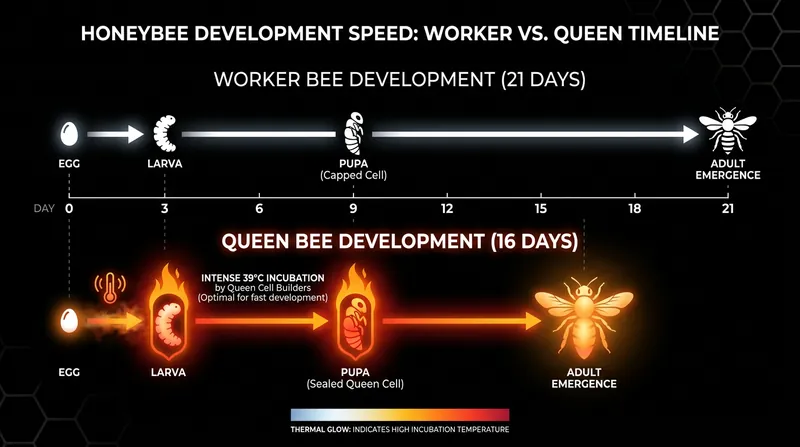 The specialized microenvironment allows a queen bee to reach maturity five days faster than a worker bee.