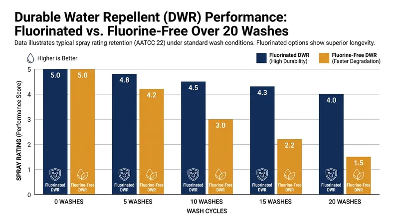 Fluorine-free DWR coatings degrade faster under abrasion and washing, requiring more frequent heat activation.