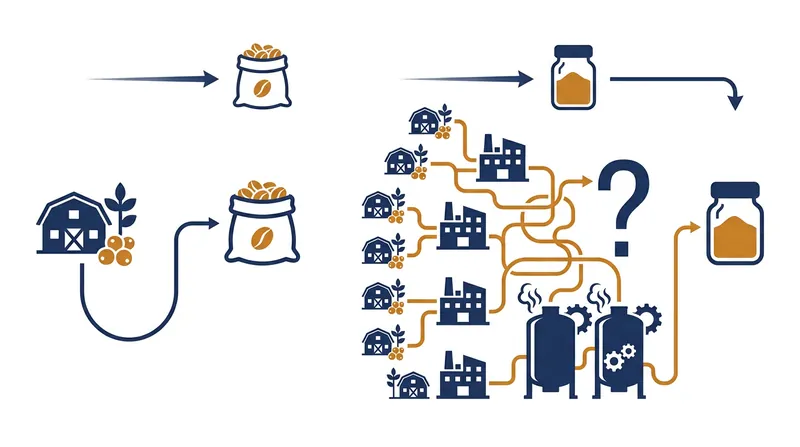 Unlike single-origin whole beans, instant coffee is an industrial blend of thousands of different farms.