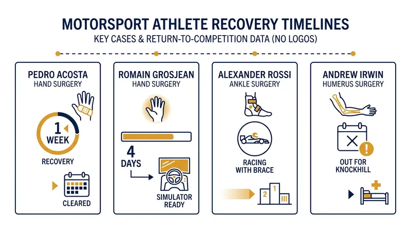 Recent surgical interventions and recovery timelines across global motorsport.