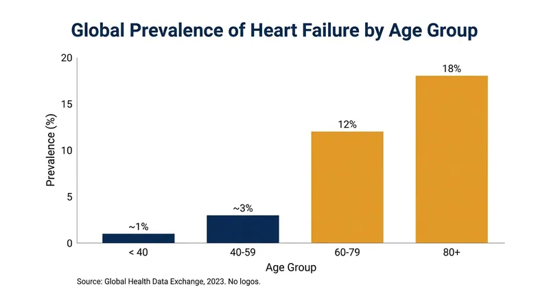 Heart failure prevalence rises sharply with age, contributing to the growing global burden of the disease.