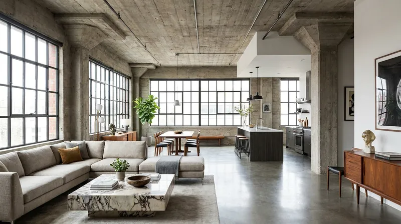 Adaptive reuse projects often feature high ceilings and large windows inherited from their commercial past.