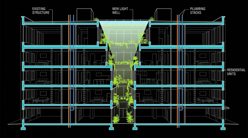Converting an office building requires complex engineering to add interior light wells and residential plumbing.