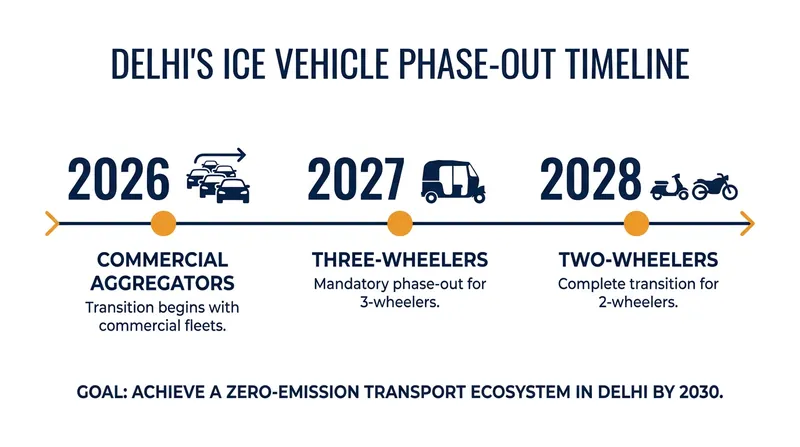 The phased timeline for banning new internal combustion engine registrations in Delhi.