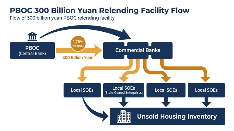 How the PBOC's 300 billion yuan relending facility finances the absorption of unsold homes.