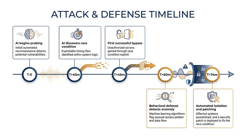 Timeline of the AI-generated zero-day discovery and the automated defensive response.