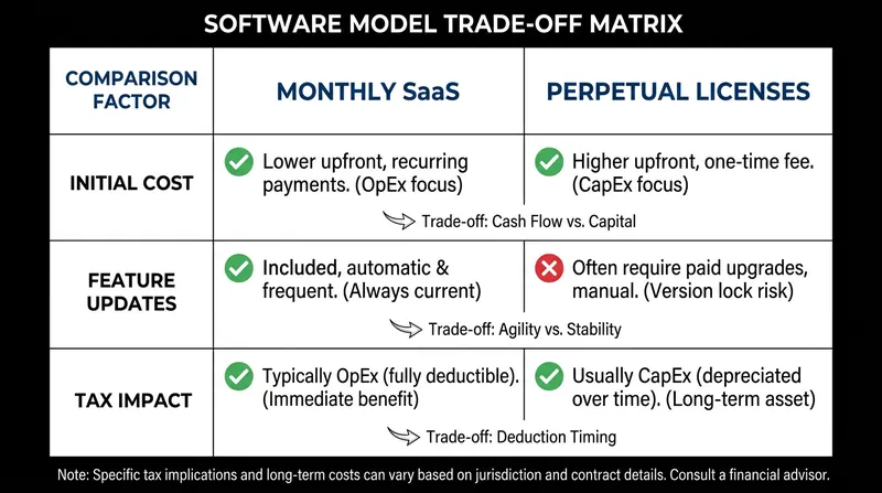Comparing the core trade-offs of renting versus owning software in 2026.