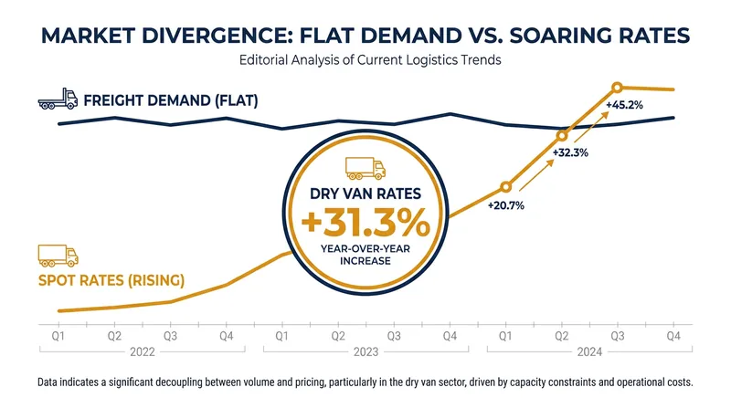Truckload spot rates have surged despite relatively flat consumer demand, driven entirely by a collapse in available capacity.