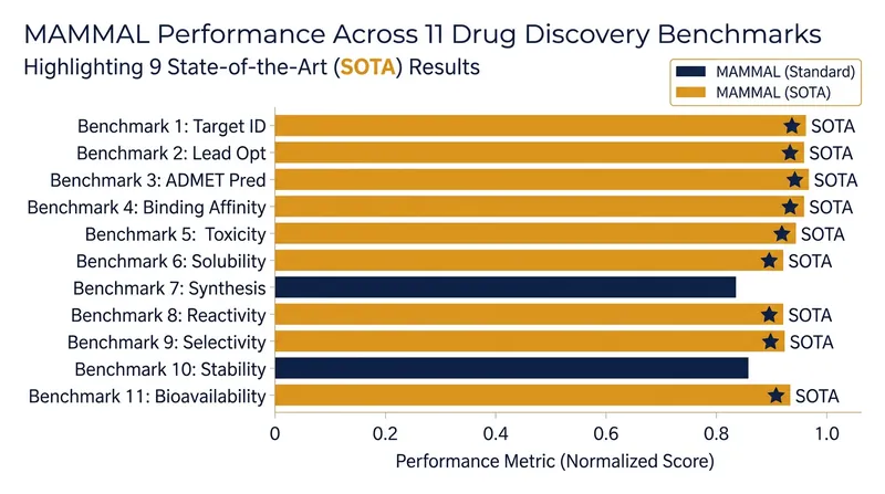 MAMMAL achieved state-of-the-art results on 9 out of 11 evaluated drug discovery benchmarks.