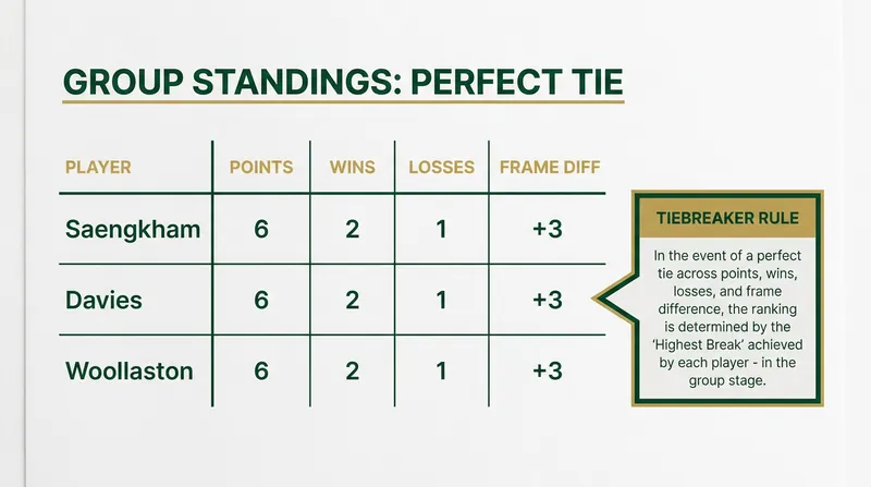Group 29 ended in a rare perfect mathematical deadlock, forcing officials to use the highest-break tiebreaker.