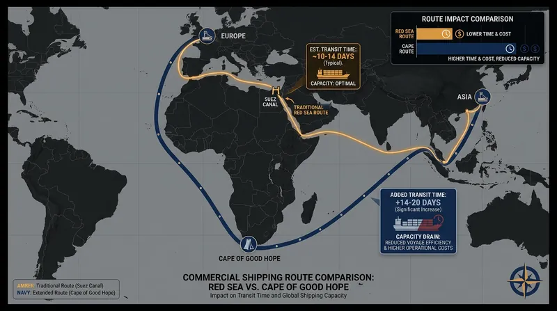 Rerouting vessels around the southern tip of Africa adds up to two weeks to transit times, draining global capacity.