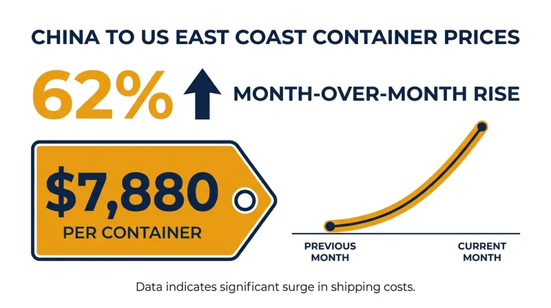 The cost of shipping a 40-foot container to the U.S. East Coast has spiked 62% in a single month.