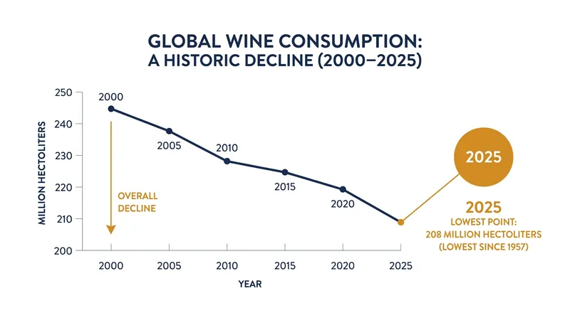 Global wine consumption has fallen to its lowest level in nearly seven decades.