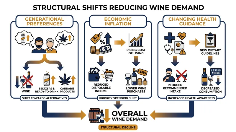 The decline in wine consumption is driven by a confluence of demographic, economic, and health trends.