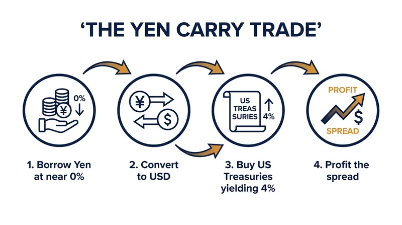 The yen carry trade relies on borrowing cheap Japanese currency to fund higher-yielding investments abroad.