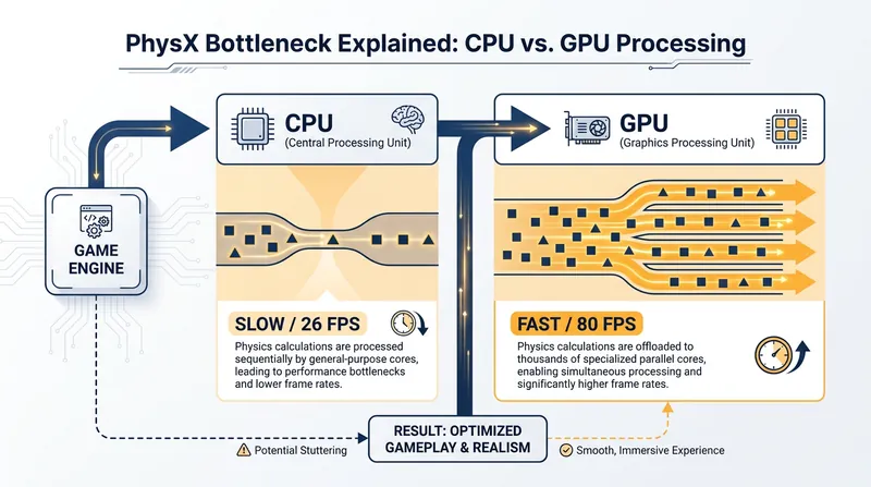 Without hardware acceleration, complex physics calculations overwhelm the CPU.