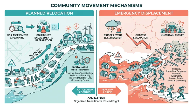 Planned relocation aims to move communities proactively before disaster strikes, preserving social networks and livelihoods.