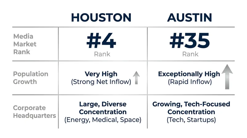 Houston offers a massive traditional media market, while Austin boasts rapid tech-driven growth.
