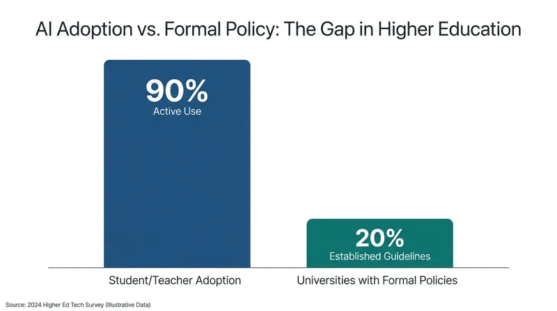 The 'policy gap' highlights the disconnect between widespread AI usage and the lack of formal institutional rules.