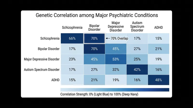 Conditions historically viewed as distinct, such as schizophrenia and bipolar disorder, share the vast majority of their genetic risk factors.