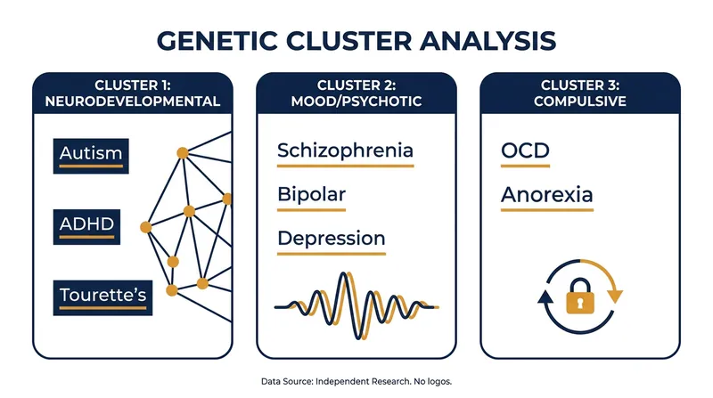 Researchers identified three major genetic super-clusters that group conditions based on shared biological architecture rather than symptoms.