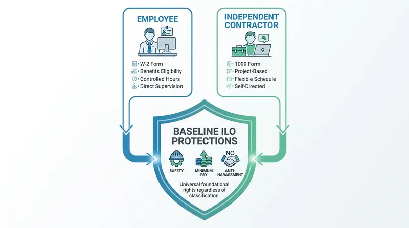 Convention 193 bypasses the classification debate by applying core rights to all platform workers regardless of their formal employment status.