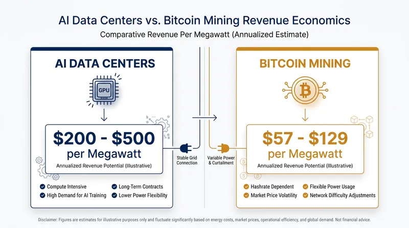 AI workloads offer significantly higher revenue per megawatt of electricity compared to traditional cryptocurrency mining.