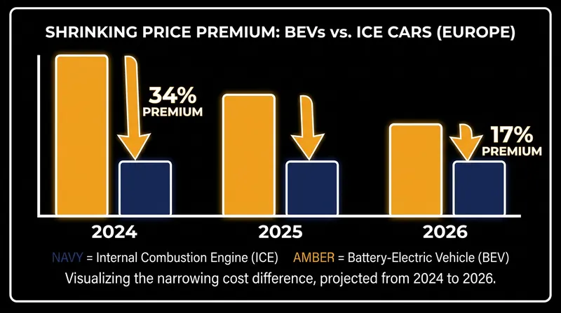 The affordability gap is closing in Europe, though electric vehicles still carry a 17% price premium over gas cars.