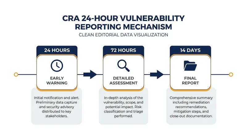 Article 14 introduces a strict three-phase reporting window for actively exploited vulnerabilities.