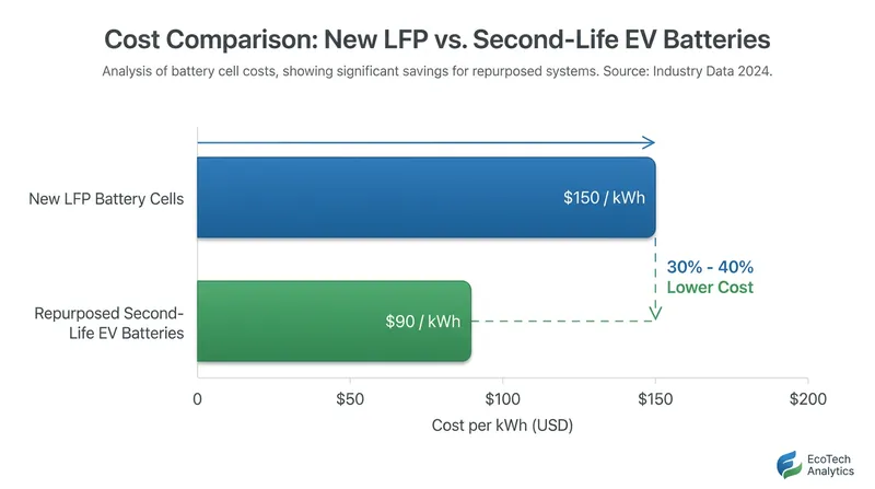 Repurposed EV batteries currently offer significant cost savings over new stationary storage cells.