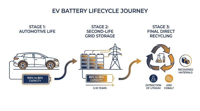 How second-life repurposing extends the utility of electric vehicle batteries before final recycling.
