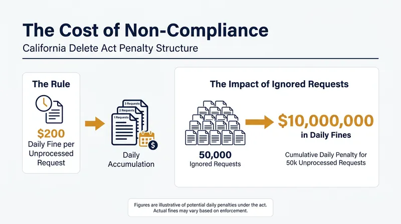 Data brokers face compounding daily fines under California's Delete Act if they fail to process consumer requests.