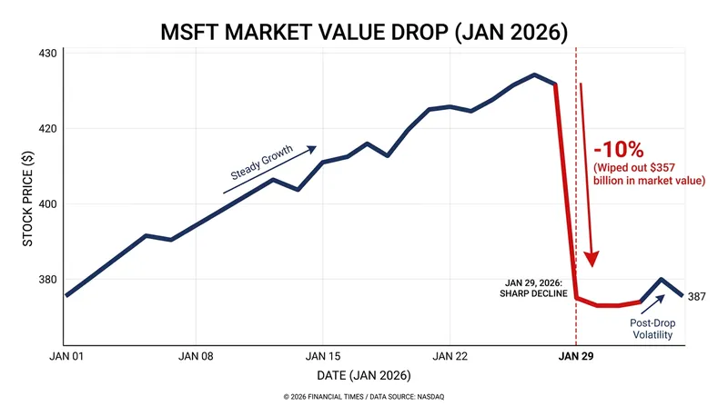 Microsoft's stock dropped 10 percent following its January 2026 earnings report, erasing $357 billion in market value.