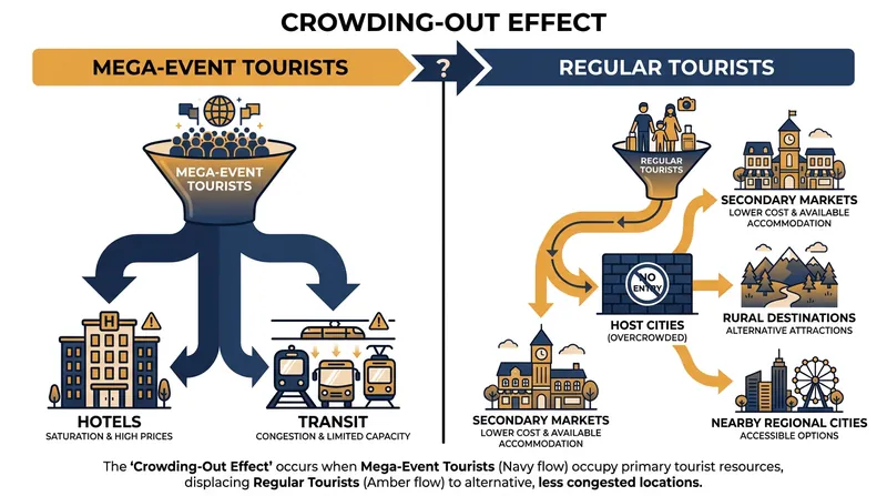 The crowding-out effect has displaced traditional summer tourists to secondary, non-host markets.